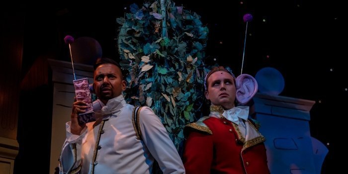 Andrew Prashad as Boutons and Ryan Brown as Prince Charmin in the Neptune Theatre production of Cinderella. Photo by Stoo Metz.