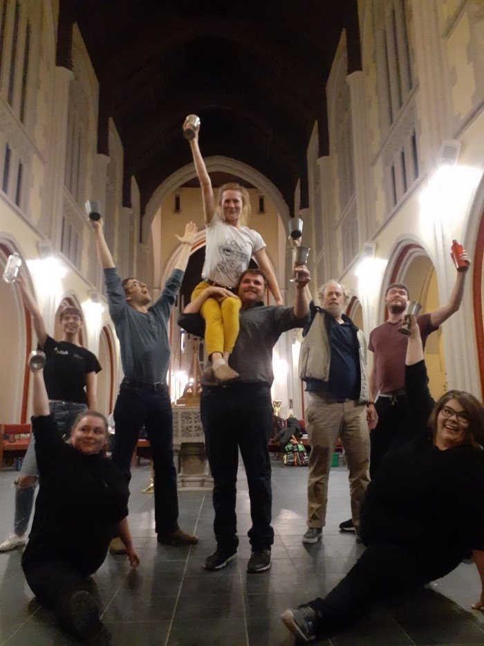 Members of the cast of Firebird: The Musical in rehearsal. Bottom L-R: Sara Courtney, Jessica Oliver. Top L-R: Sarah Smith, Raphael Glazov, Tamara Fifield (at the top), Nicholas Cox, Mike Chandler, Chris Bolton. Not pictured: Stephanie Mah, Cat McCluskey